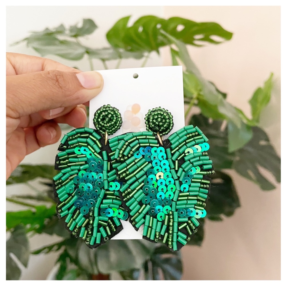 Monstera palm tropical leaf earrings.